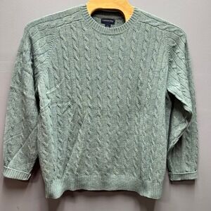 Men's Lands End Cable Knit Sweater Large Green Merino Wool Blend